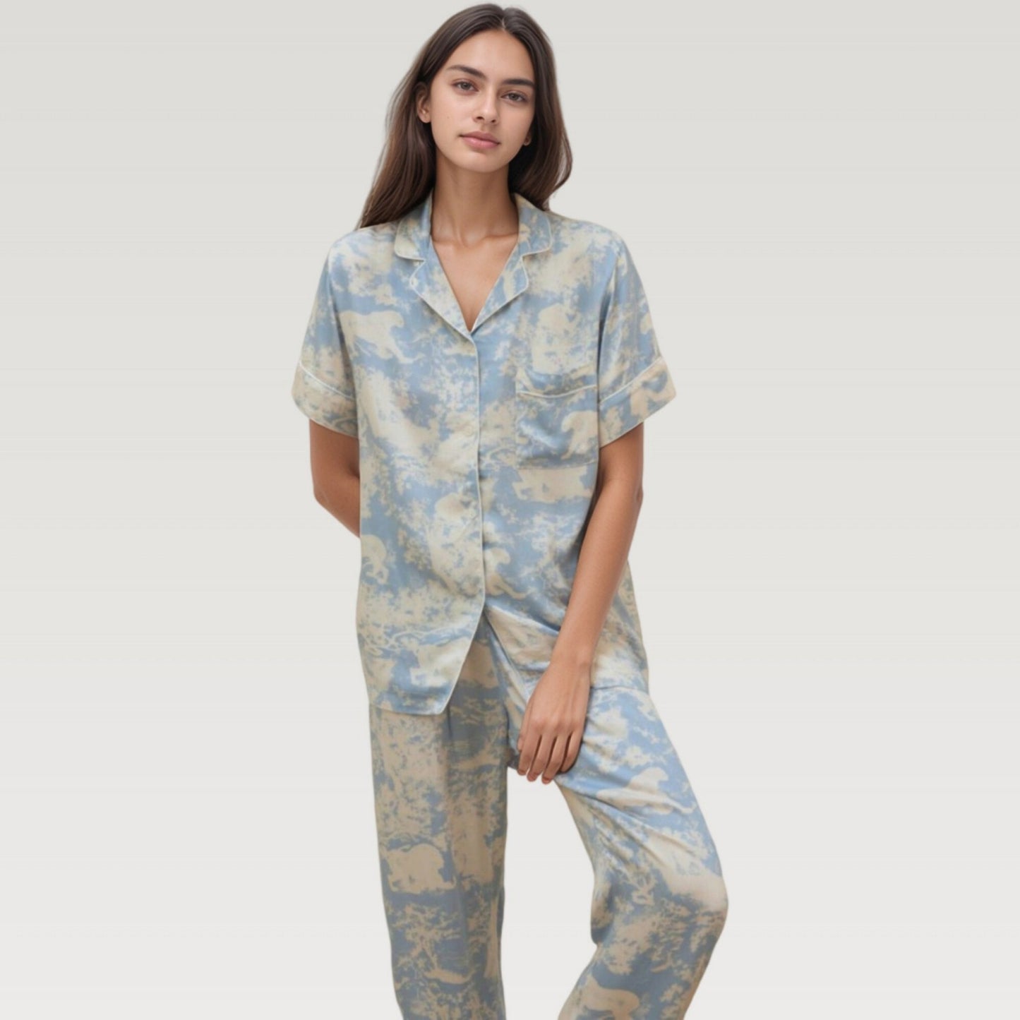 Satin Pajama Set with Short Sleeve Button Up Top and Abstract Animal Print Relaxed Pants