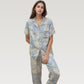 Satin Pajama Set with Short Sleeve Button Up Top and Abstract Animal Print Relaxed Pants