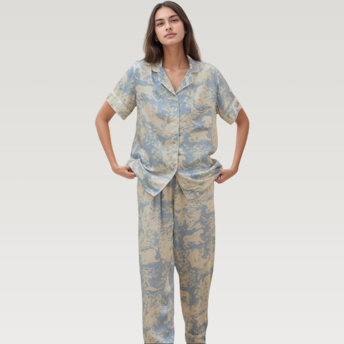 Satin Pajama Set with Short Sleeve Button Up Top and Abstract Animal Print Relaxed Pants