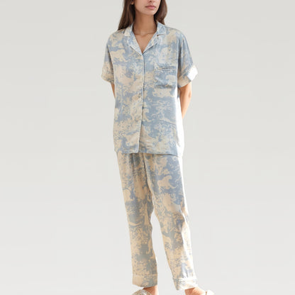 Satin Pajama Set with Short Sleeve Button Up Top and Abstract Animal Print Relaxed Pants