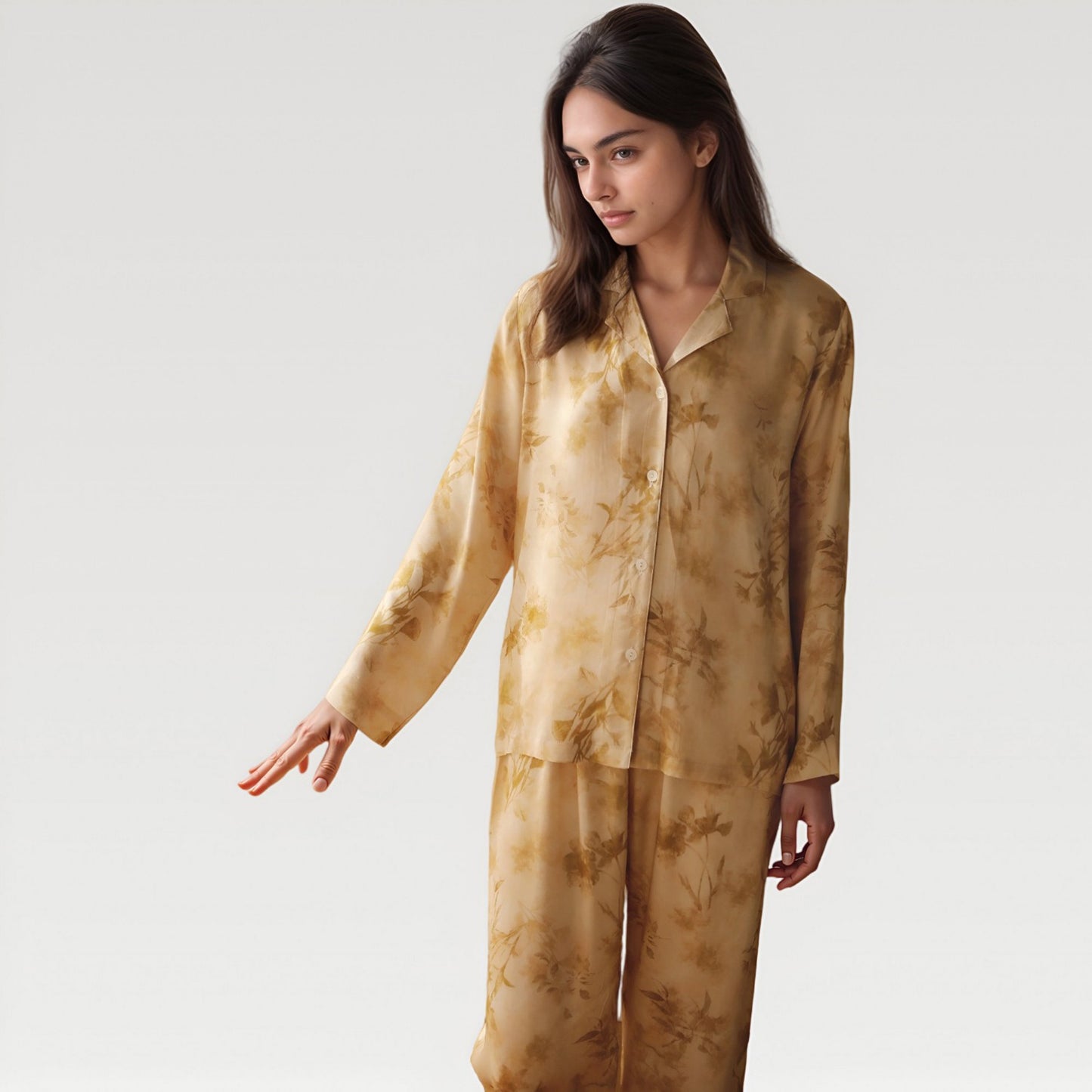 Satin Pajama Set with Golden Botanical Print Long Sleeve Button Up Top and Relaxed Fit Pants