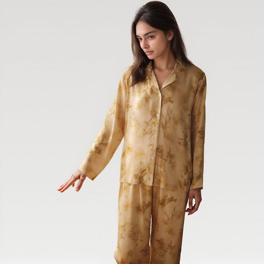 Satin Pajama Set with Golden Botanical Print Long Sleeve Button Up Top and Relaxed Fit Pants