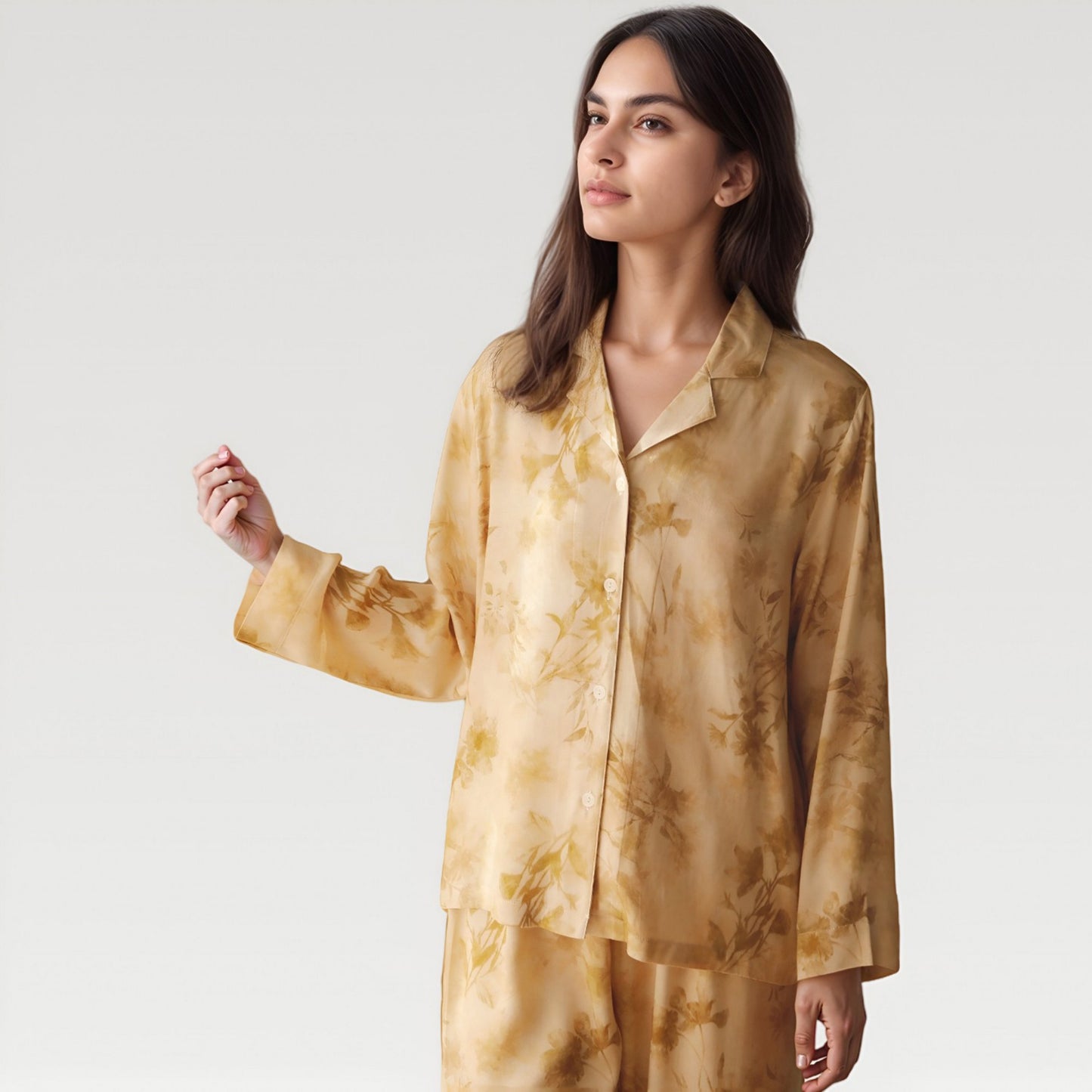 Satin Pajama Set with Golden Botanical Print Long Sleeve Button Up Top and Relaxed Fit Pants