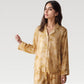 Satin Pajama Set with Golden Botanical Print Long Sleeve Button Up Top and Relaxed Fit Pants