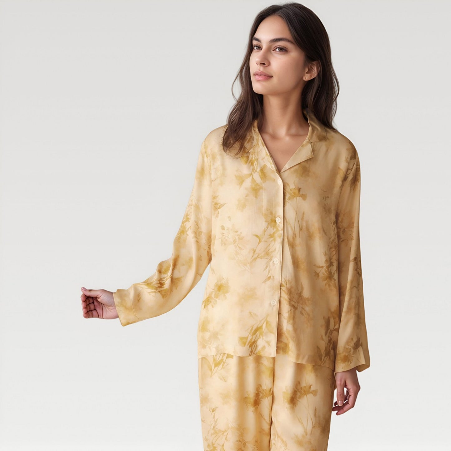 Satin Pajama Set with Golden Botanical Print Long Sleeve Button Up Top and Relaxed Fit Pants