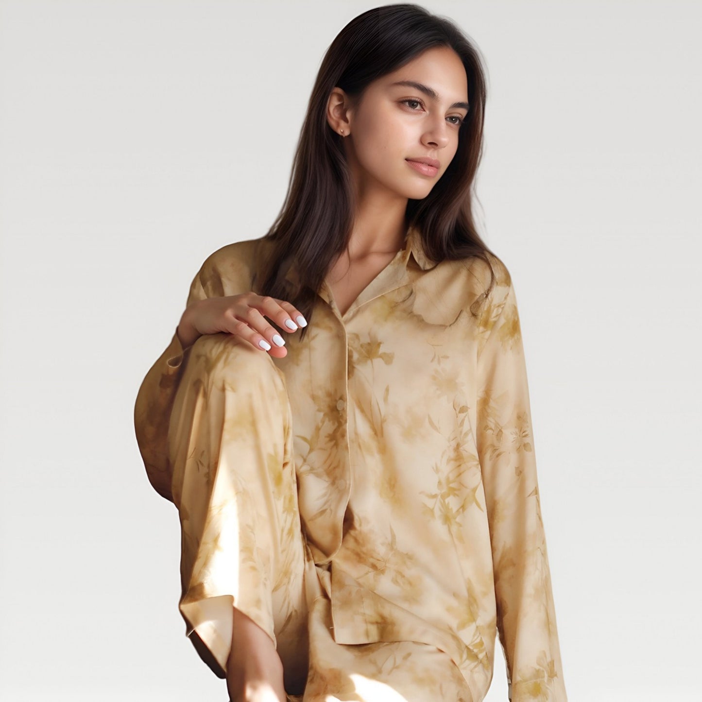 Satin Pajama Set with Golden Botanical Print Long Sleeve Button Up Top and Relaxed Fit Pants