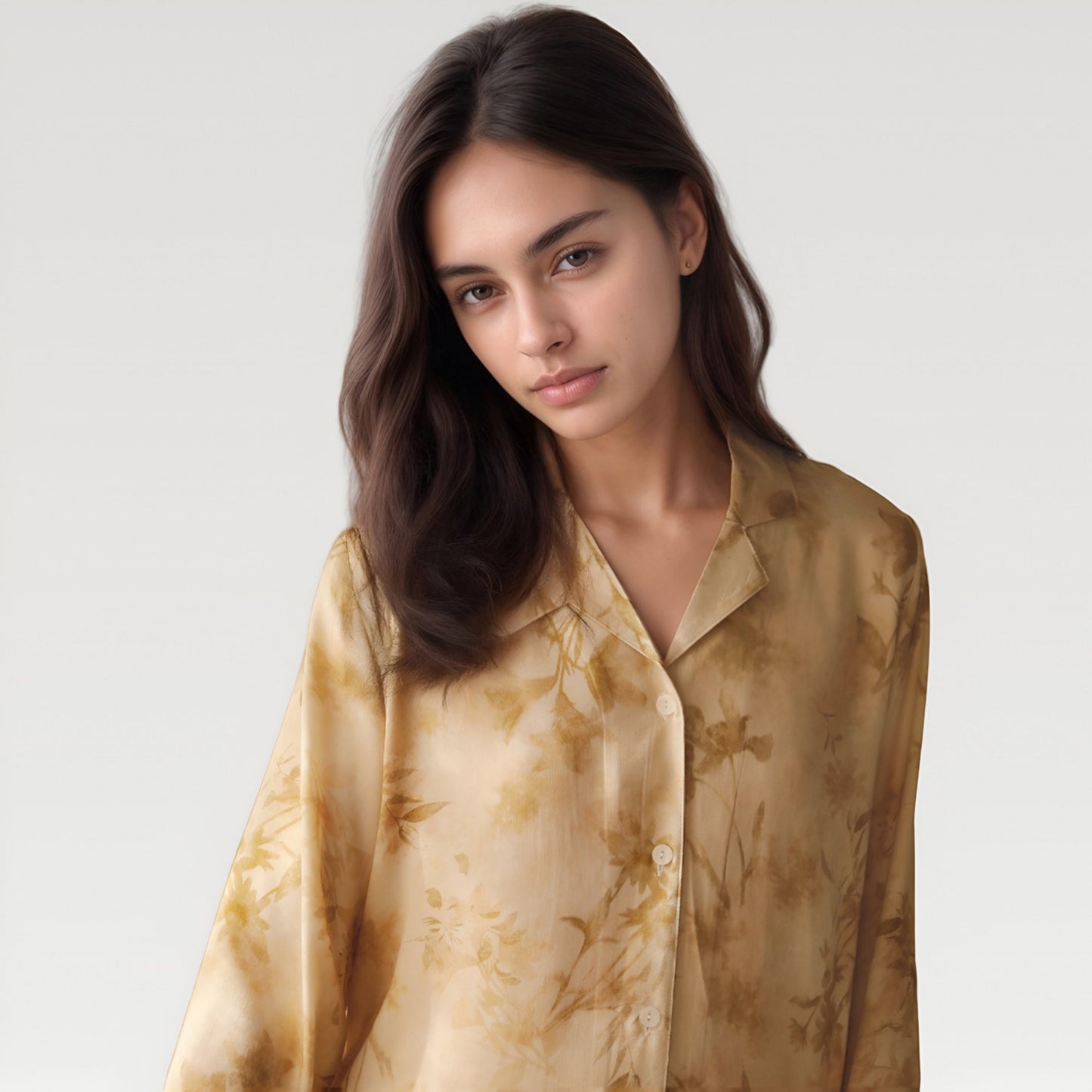Satin Pajama Set with Golden Botanical Print Long Sleeve Button Up Top and Relaxed Fit Pants