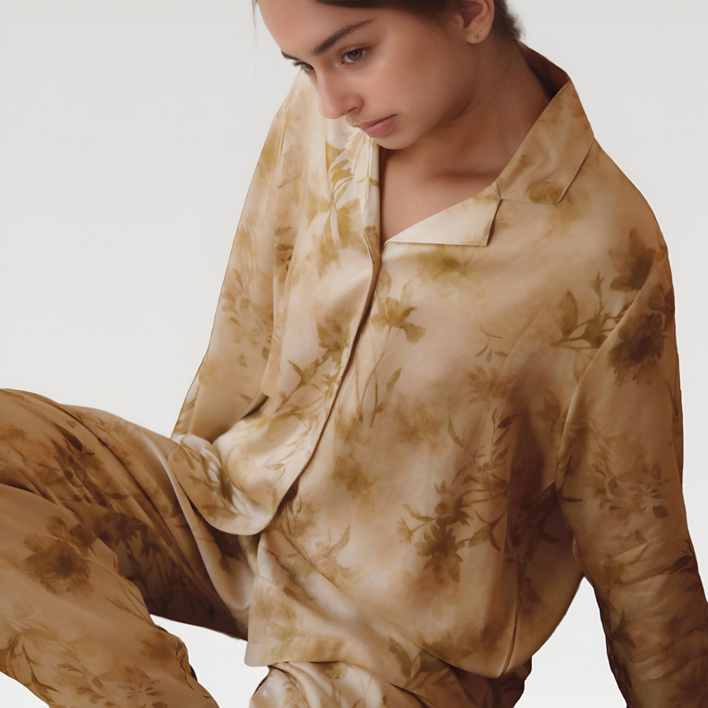 Satin Pajama Set with Golden Botanical Print Long Sleeve Button Up Top and Relaxed Fit Pants