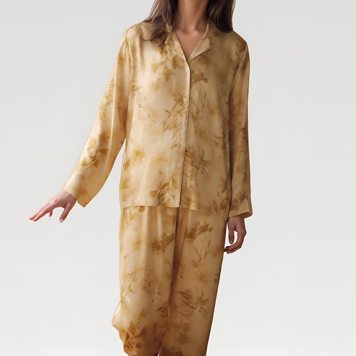 Satin Pajama Set with Golden Botanical Print Long Sleeve Button Up Top and Relaxed Fit Pants