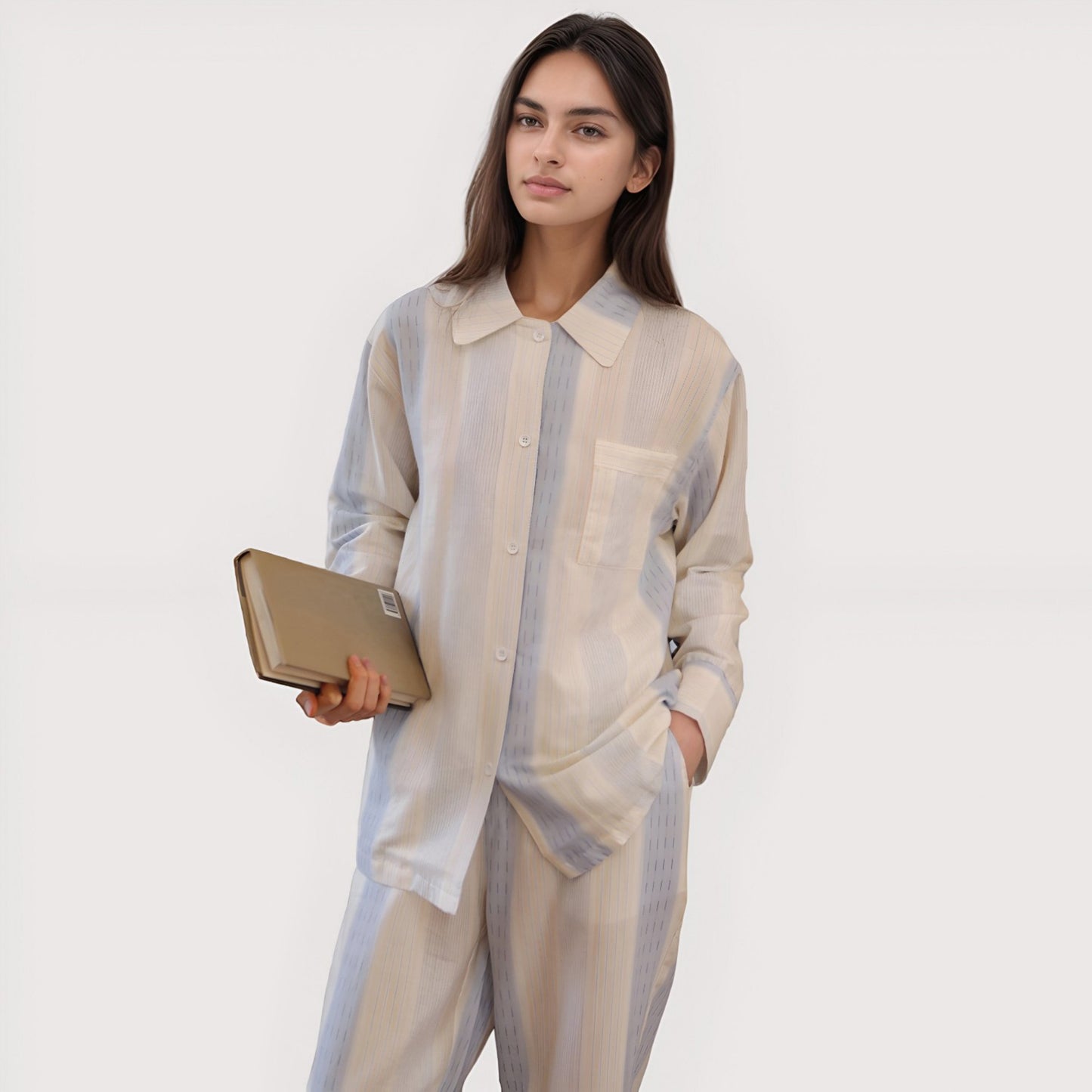 Striped Woven Pajama Set with Collared Long Sleeve Top and Cuffed Wide Leg Pants