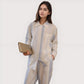 Striped Woven Pajama Set with Collared Long Sleeve Top and Cuffed Wide Leg Pants