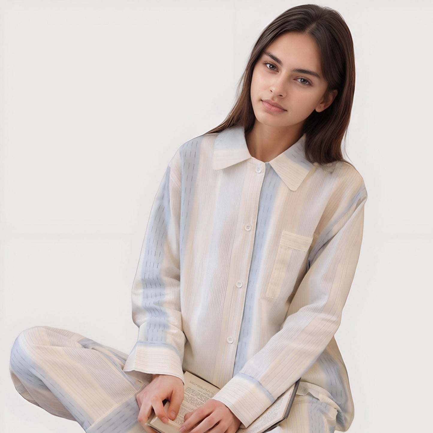 Striped Woven Pajama Set with Collared Long Sleeve Top and Cuffed Wide Leg Pants