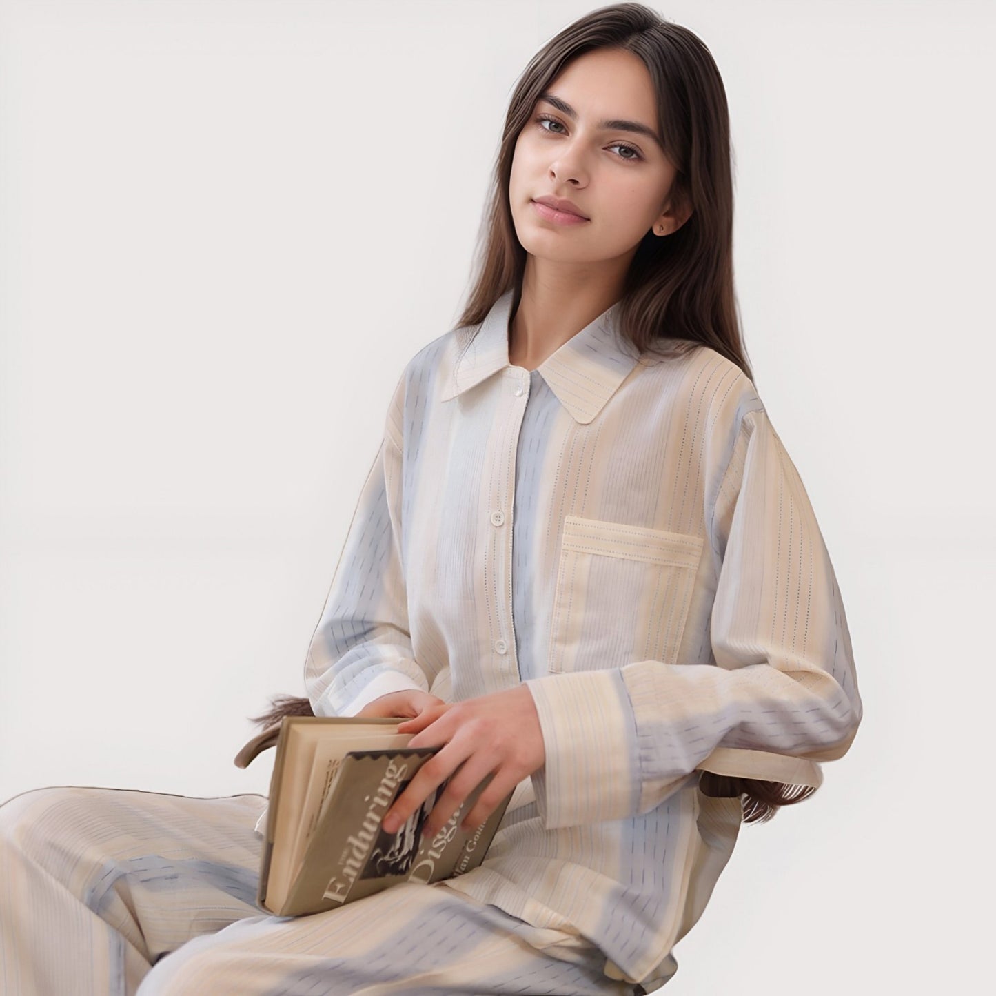 Striped Woven Pajama Set with Collared Long Sleeve Top and Cuffed Wide Leg Pants