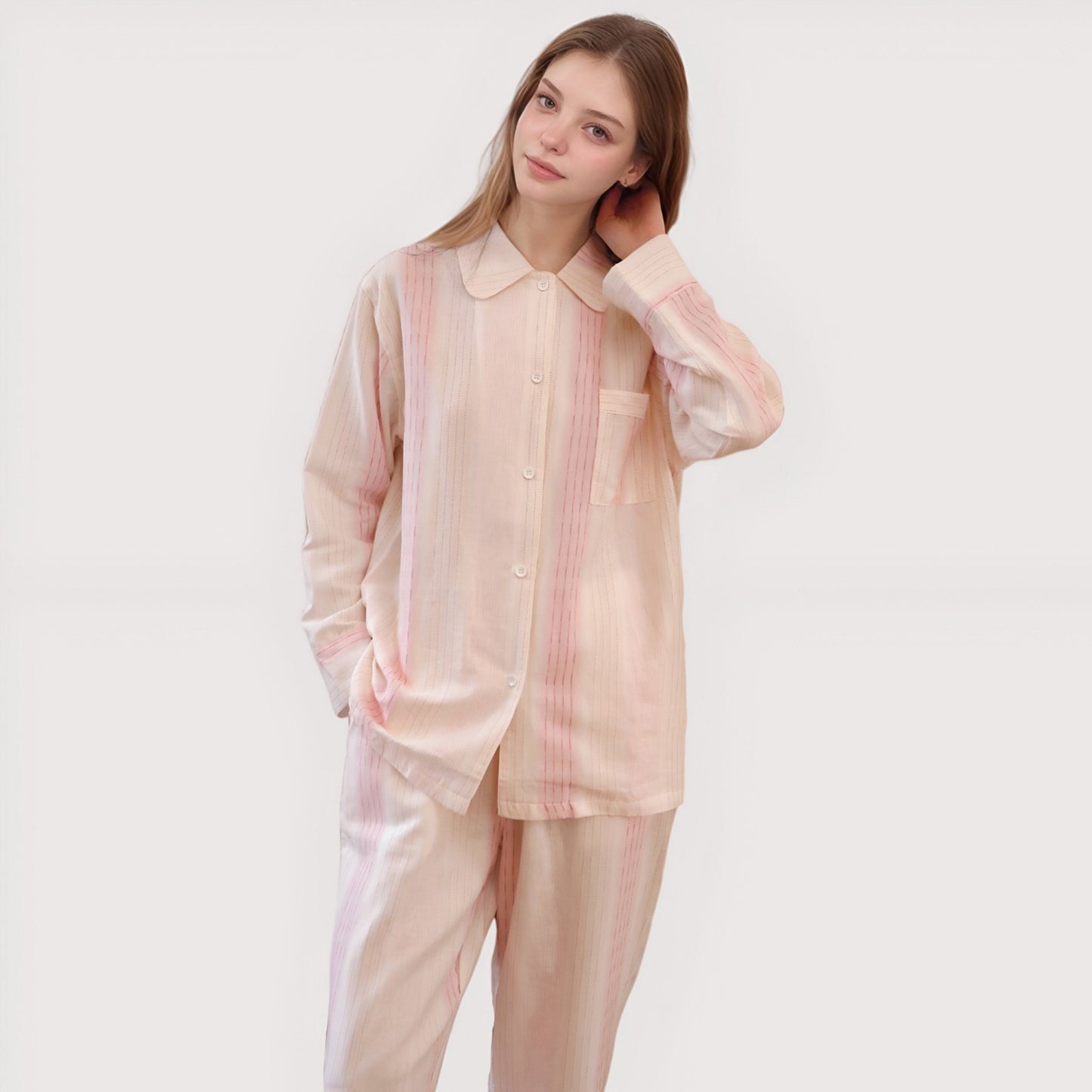 Striped Woven Pajama Set with Collared Long Sleeve Top and Cuffed Wide Leg Pants