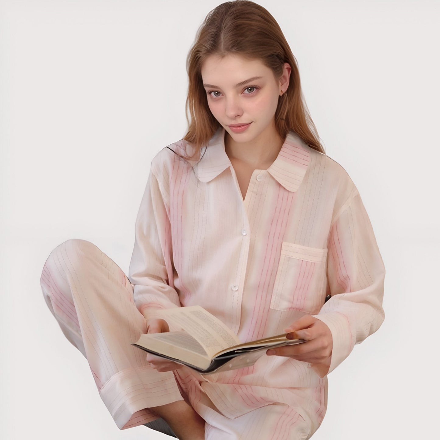 Striped Woven Pajama Set with Collared Long Sleeve Top and Cuffed Wide Leg Pants