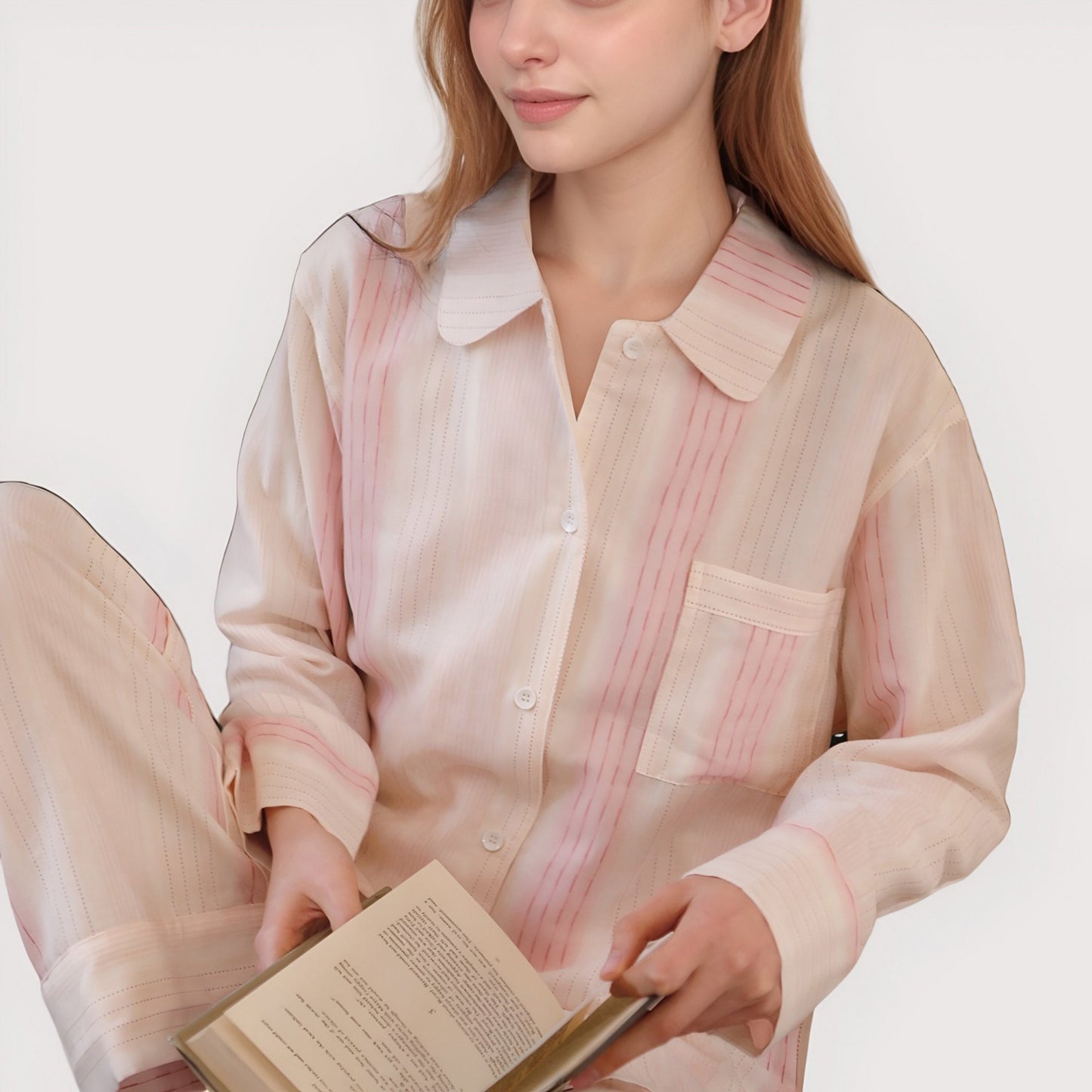 Striped Woven Pajama Set with Collared Long Sleeve Top and Cuffed Wide Leg Pants