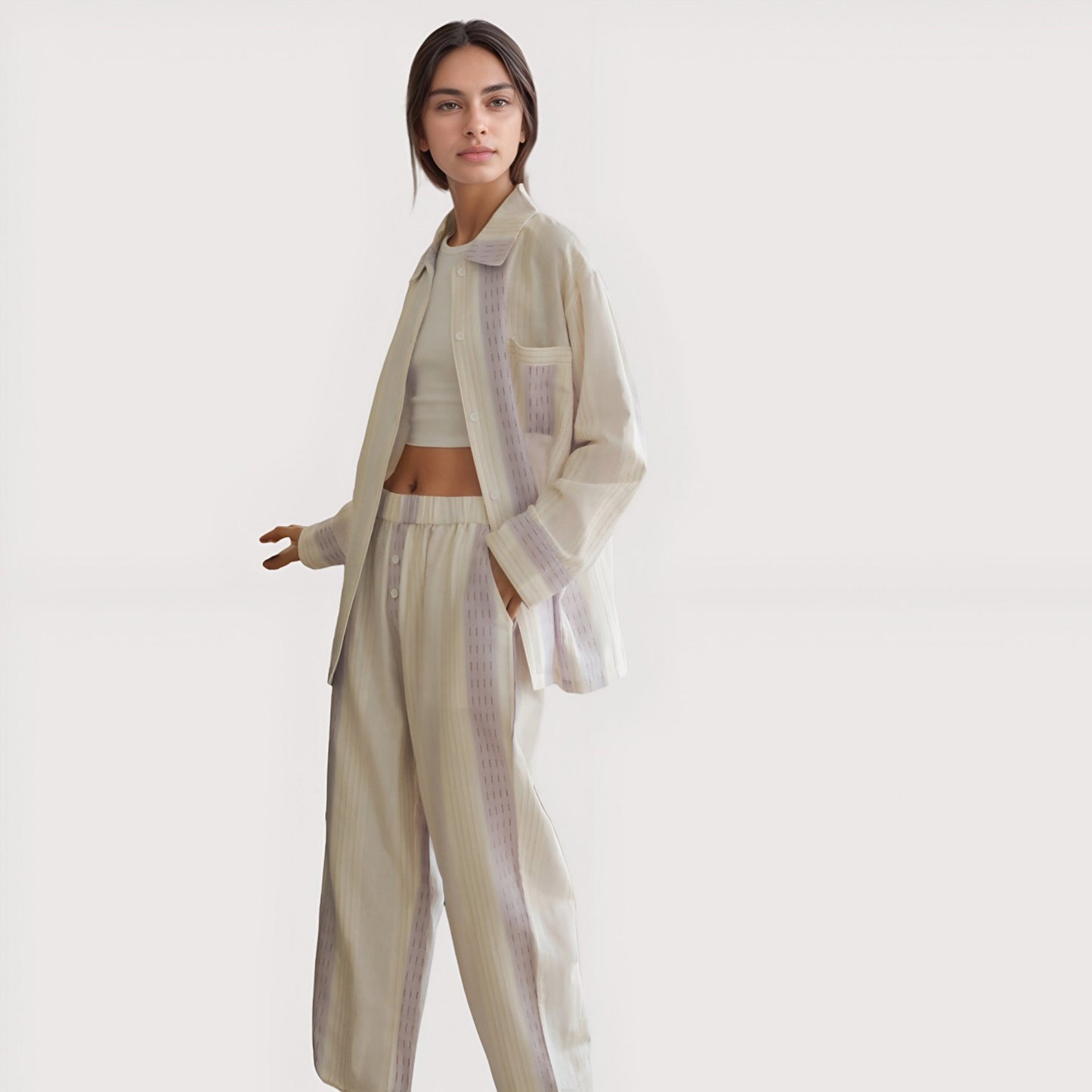 Striped Woven Pajama Set with Collared Long Sleeve Top and Cuffed Wide Leg Pants