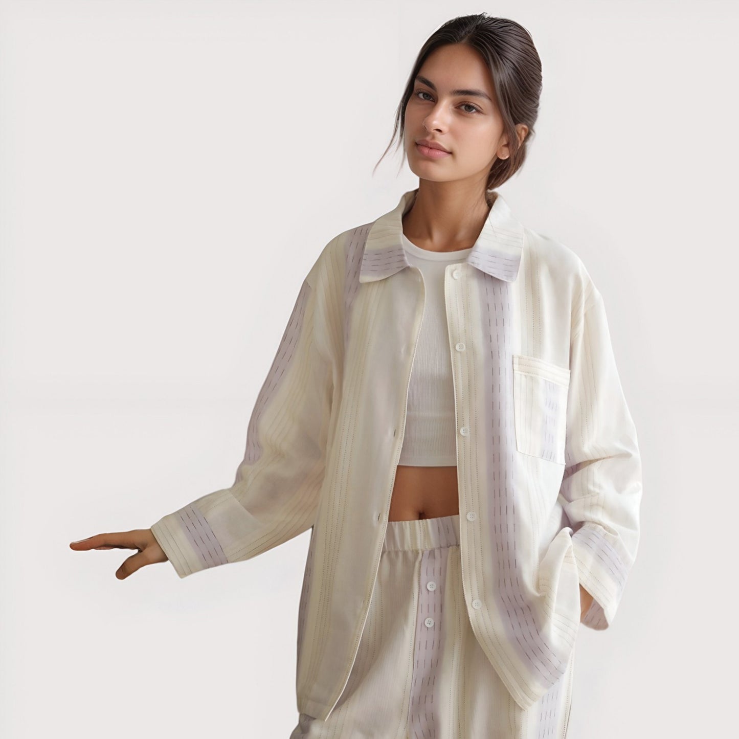 Striped Woven Pajama Set with Collared Long Sleeve Top and Cuffed Wide Leg Pants