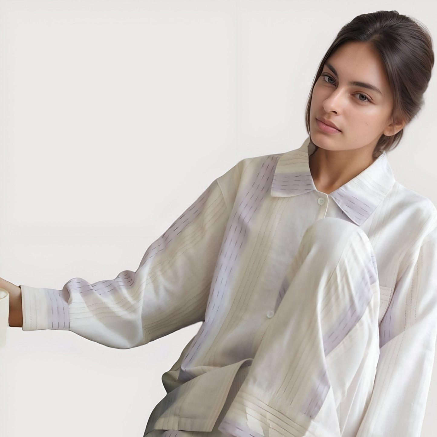 Striped Woven Pajama Set with Collared Long Sleeve Top and Cuffed Wide Leg Pants