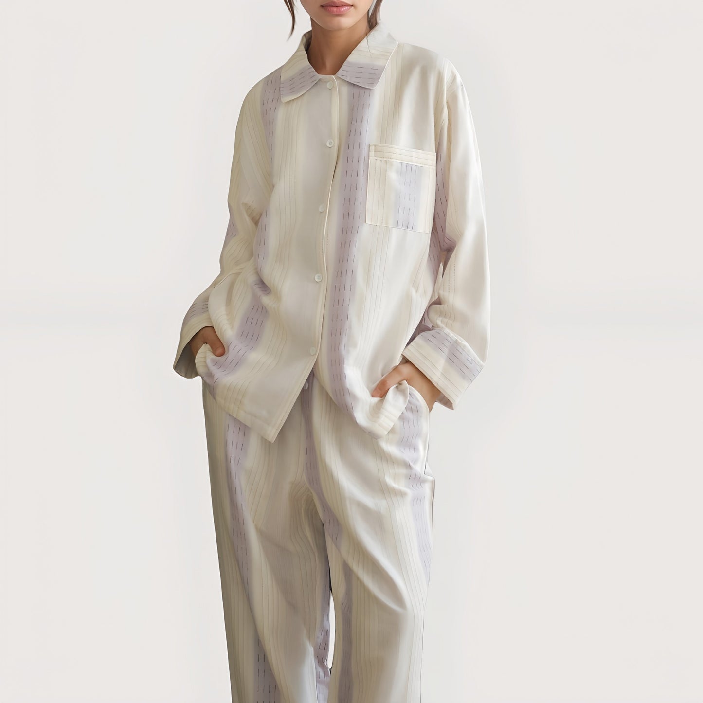 Striped Woven Pajama Set with Collared Long Sleeve Top and Cuffed Wide Leg Pants