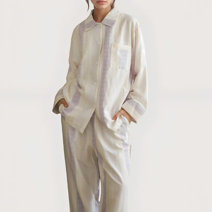 Striped Woven Pajama Set with Collared Long Sleeve Top and Cuffed Wide Leg Pants