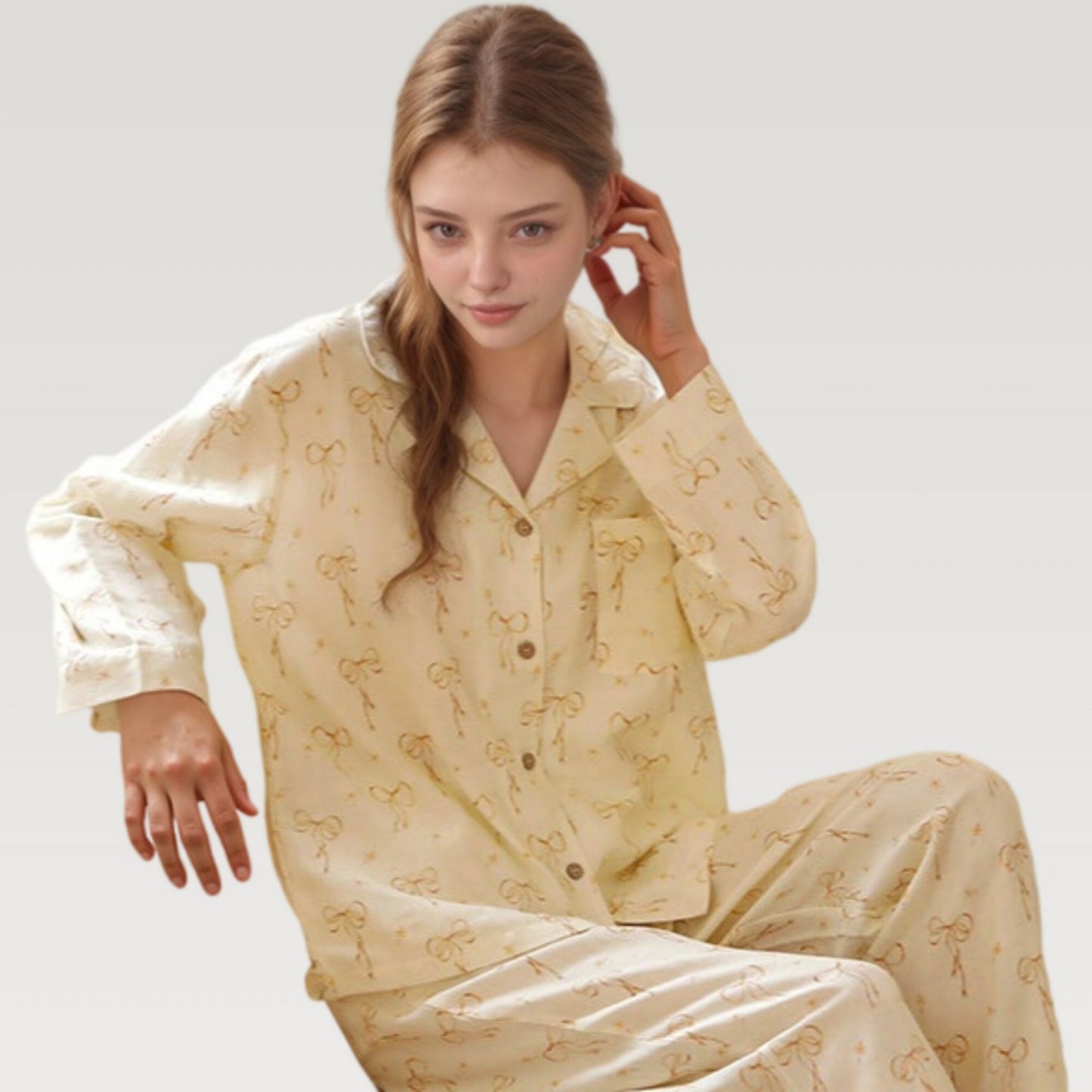 Bow Print Woven Pajama Set with Long Sleeve Collared Top and Relaxed Fit Pants