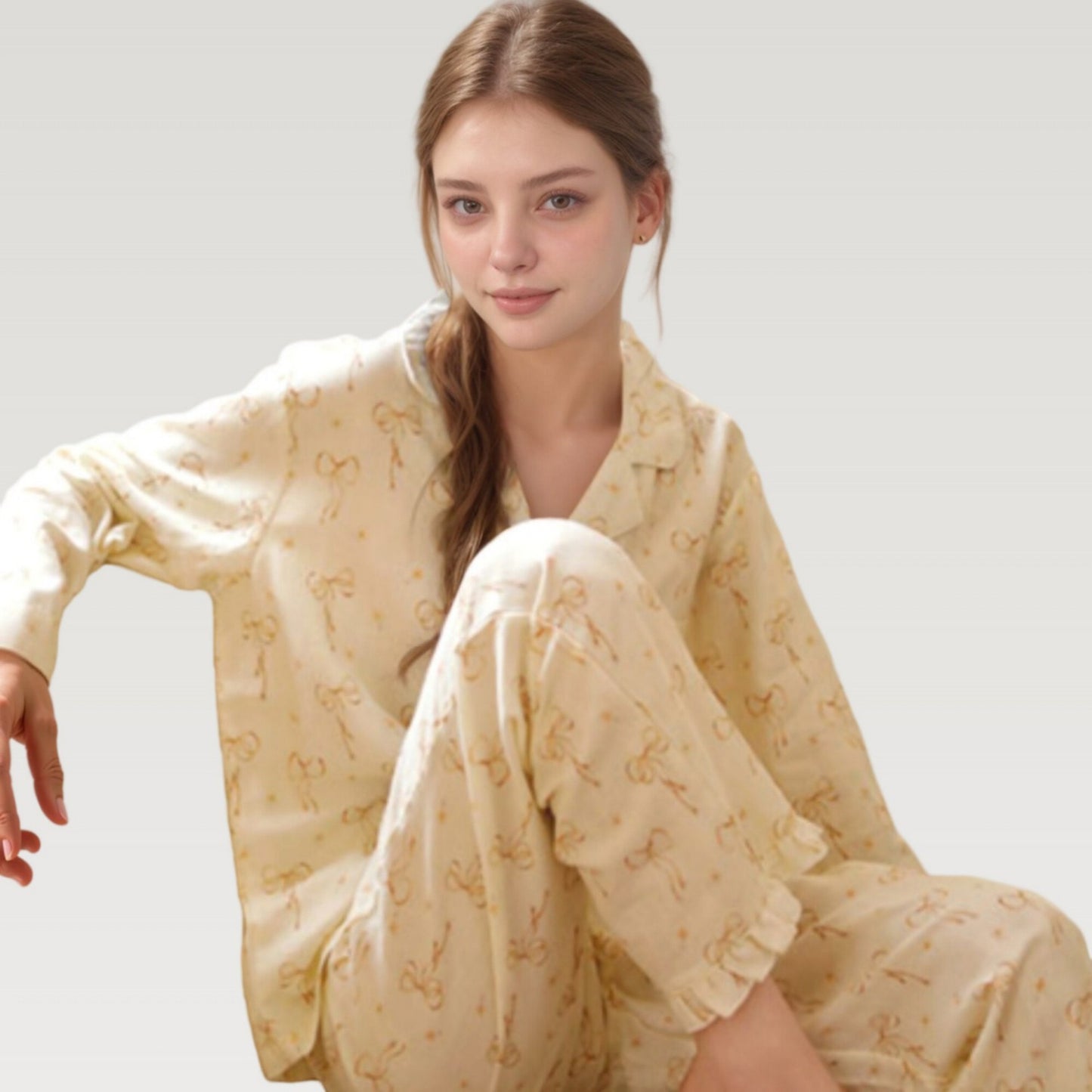 Bow Print Woven Pajama Set with Long Sleeve Collared Top and Relaxed Fit Pants