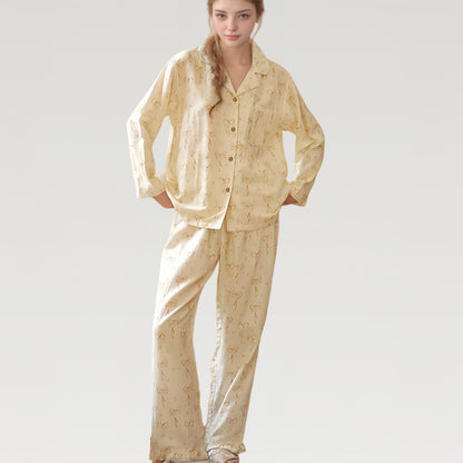 Bow Print Woven Pajama Set with Long Sleeve Collared Top and Relaxed Fit Pants