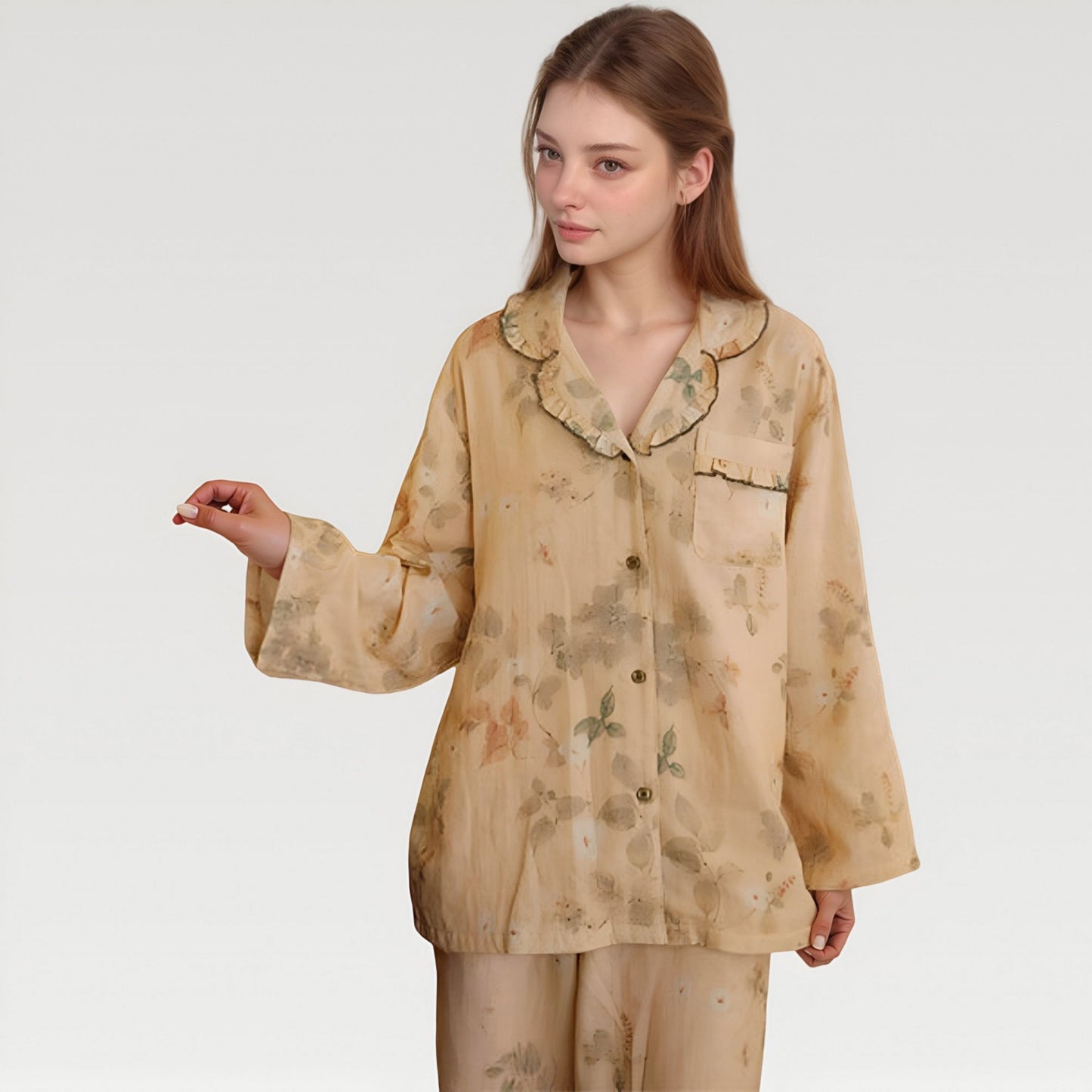 Ruffle Collar Floral Print Woven Pajama Set with Long Sleeve Button Top and Relaxed Pants