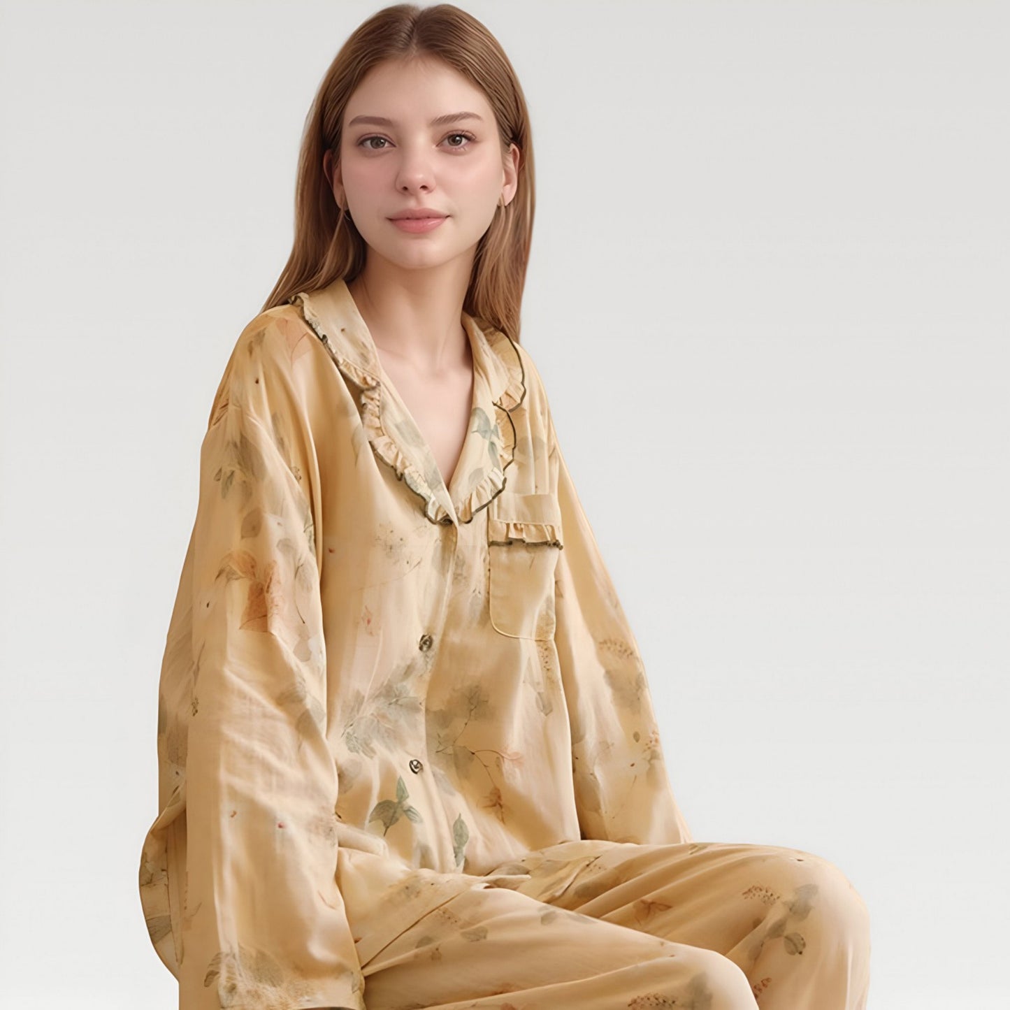 Ruffle Collar Floral Print Woven Pajama Set with Long Sleeve Button Top and Relaxed Pants