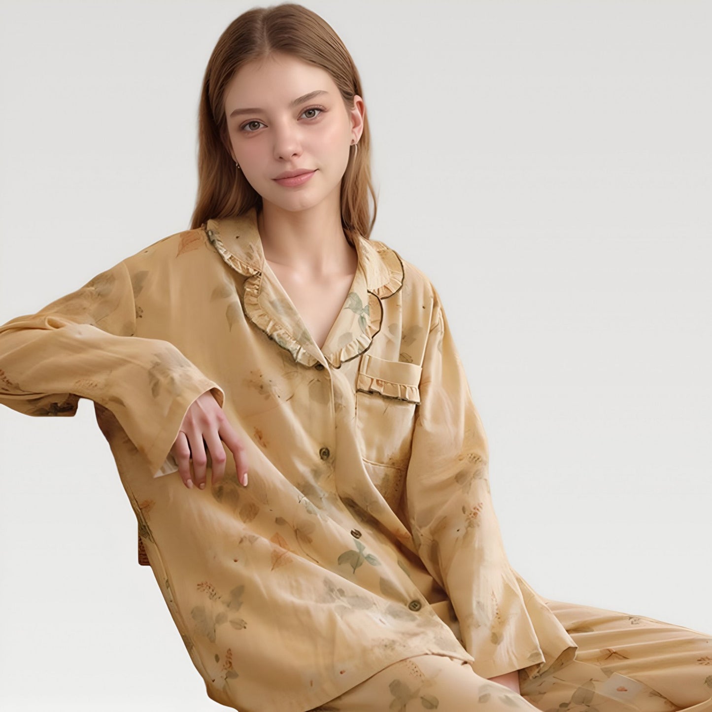 Ruffle Collar Floral Print Woven Pajama Set with Long Sleeve Button Top and Relaxed Pants