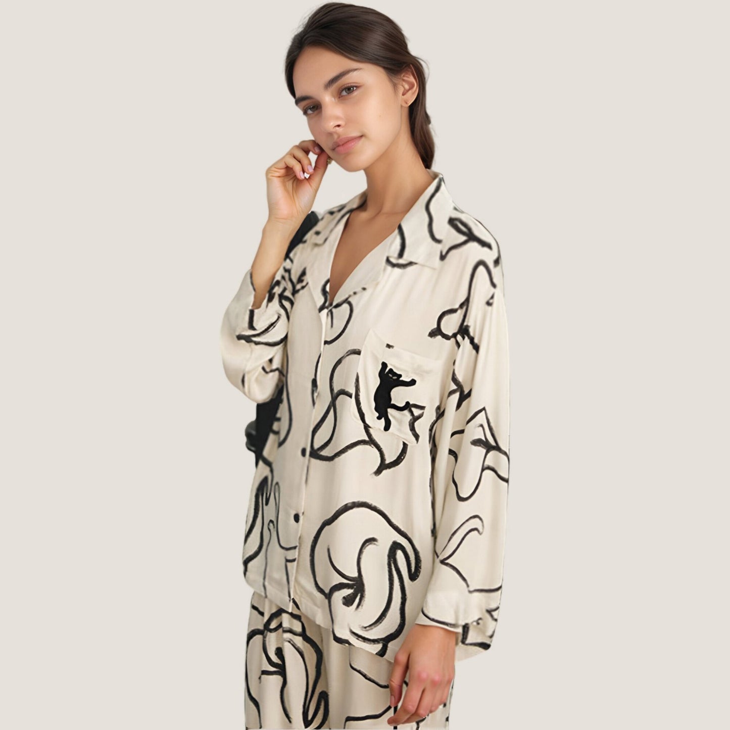 Abstract Floral Woven Pajama Set with Long Sleeve Button Top and Wide Leg Pants