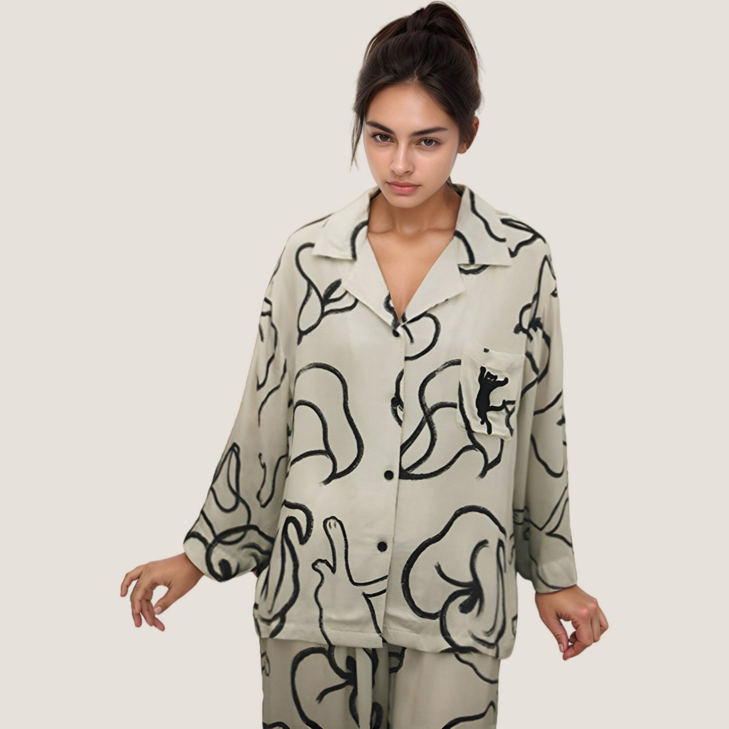 Abstract Floral Woven Pajama Set with Long Sleeve Button Top and Wide Leg Pants