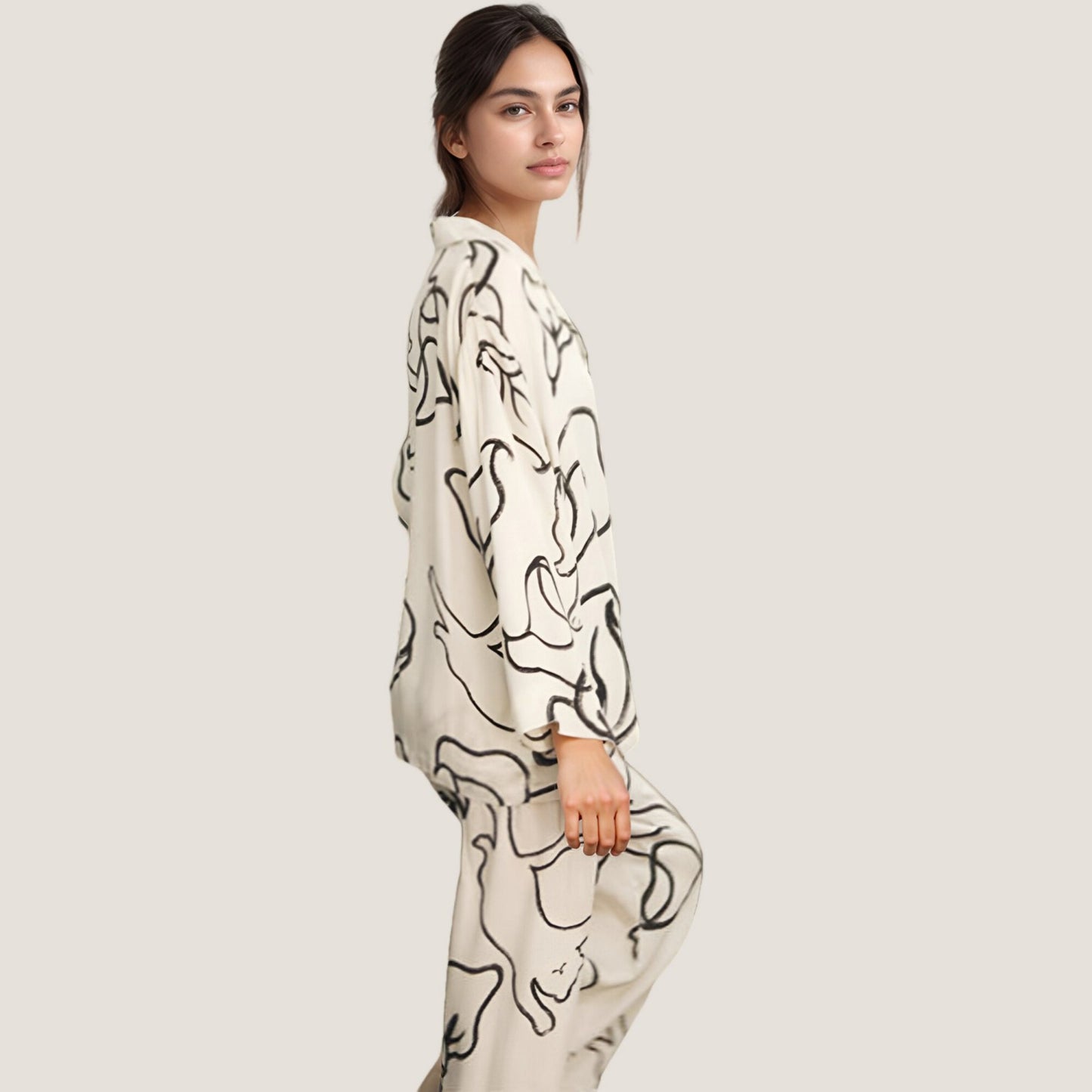 Abstract Floral Woven Pajama Set with Long Sleeve Button Top and Wide Leg Pants