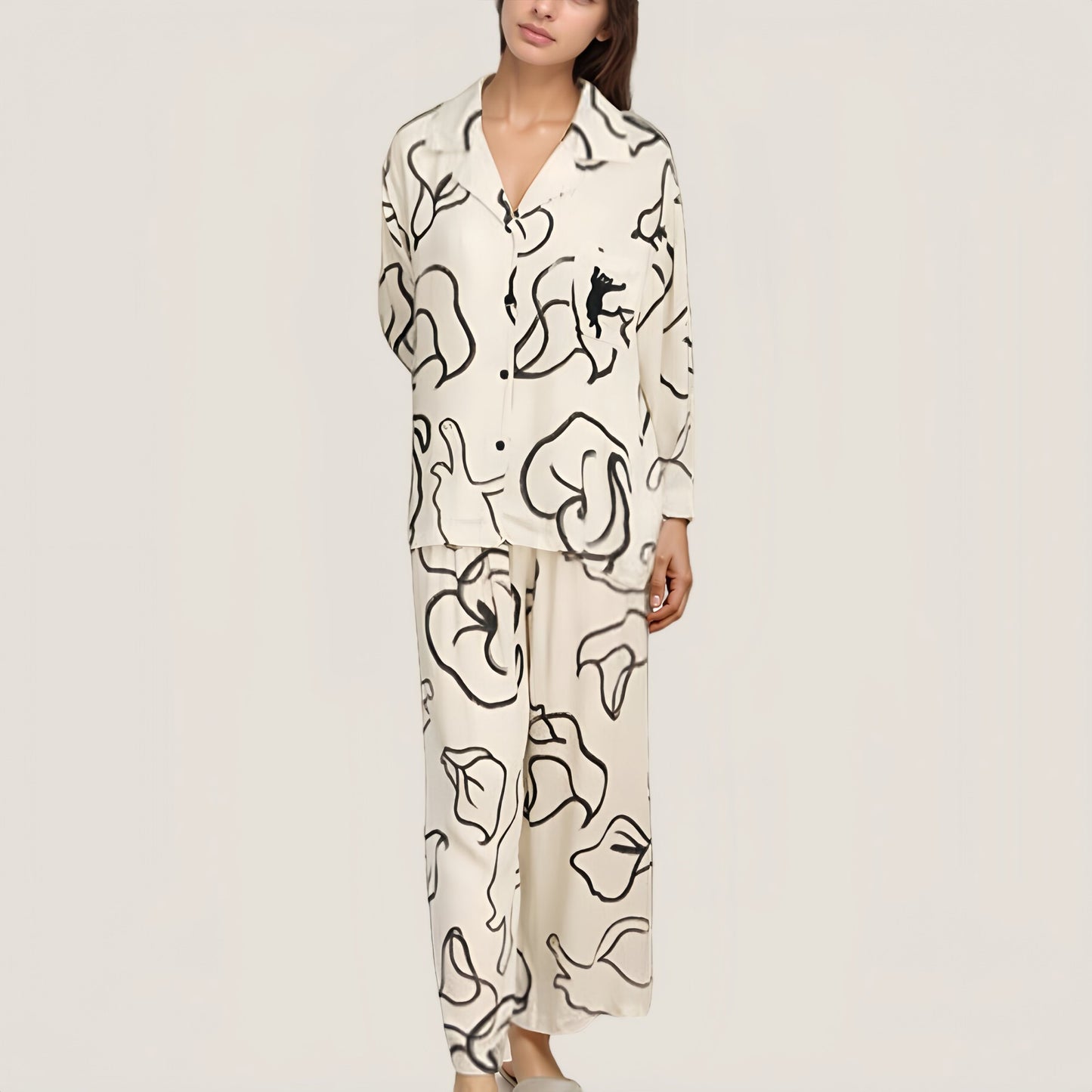 Abstract Floral Woven Pajama Set with Long Sleeve Button Top and Wide Leg Pants