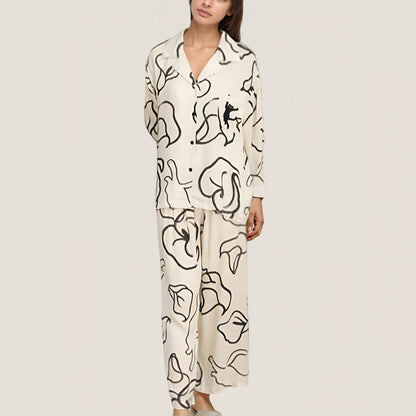 Abstract Floral Woven Pajama Set with Long Sleeve Button Top and Wide Leg Pants