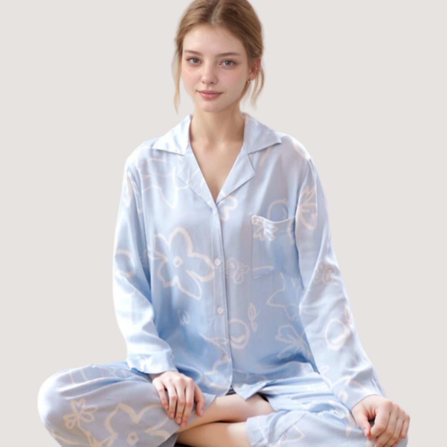 Light Woven Pajama Set with Whimsical Floral Outline Print and Relaxed Button-Up Fit