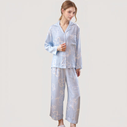 Light Woven Pajama Set with Whimsical Floral Outline Print and Relaxed Button-Up Fit