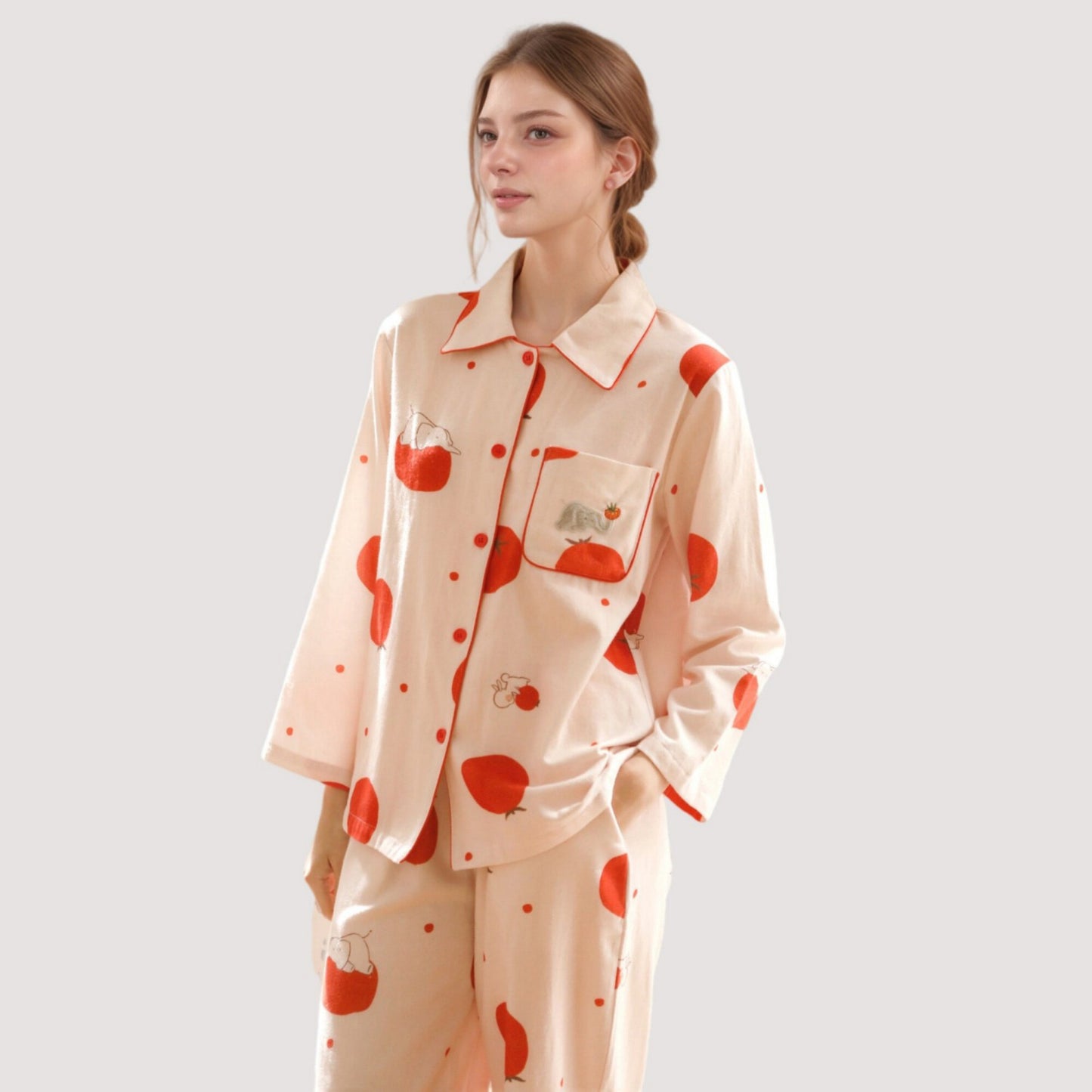 Woven Pajama Set with Playful Tomato Print and Relaxed Button-Up Fit for Everyday Lounging