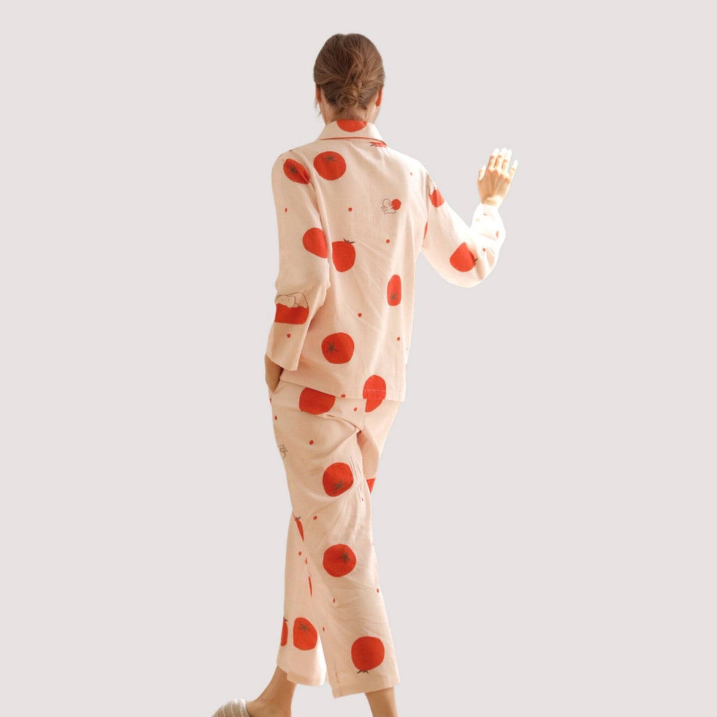 Woven Pajama Set with Playful Tomato Print and Relaxed Button-Up Fit for Everyday Lounging