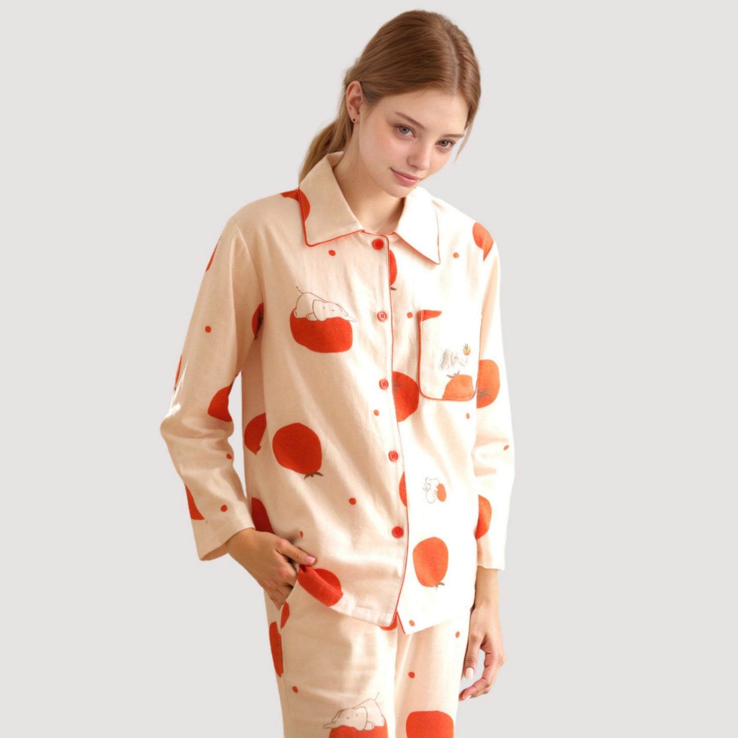 Woven Pajama Set with Playful Tomato Print and Relaxed Button-Up Fit for Everyday Lounging
