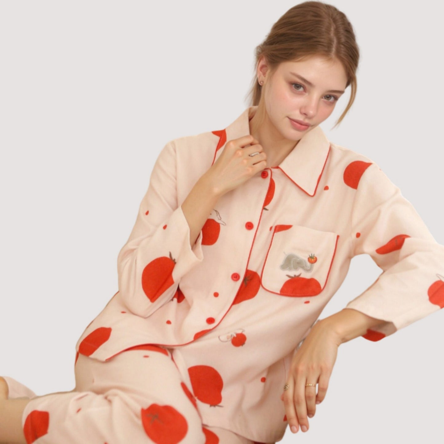 Woven Pajama Set with Playful Tomato Print and Relaxed Button-Up Fit for Everyday Lounging