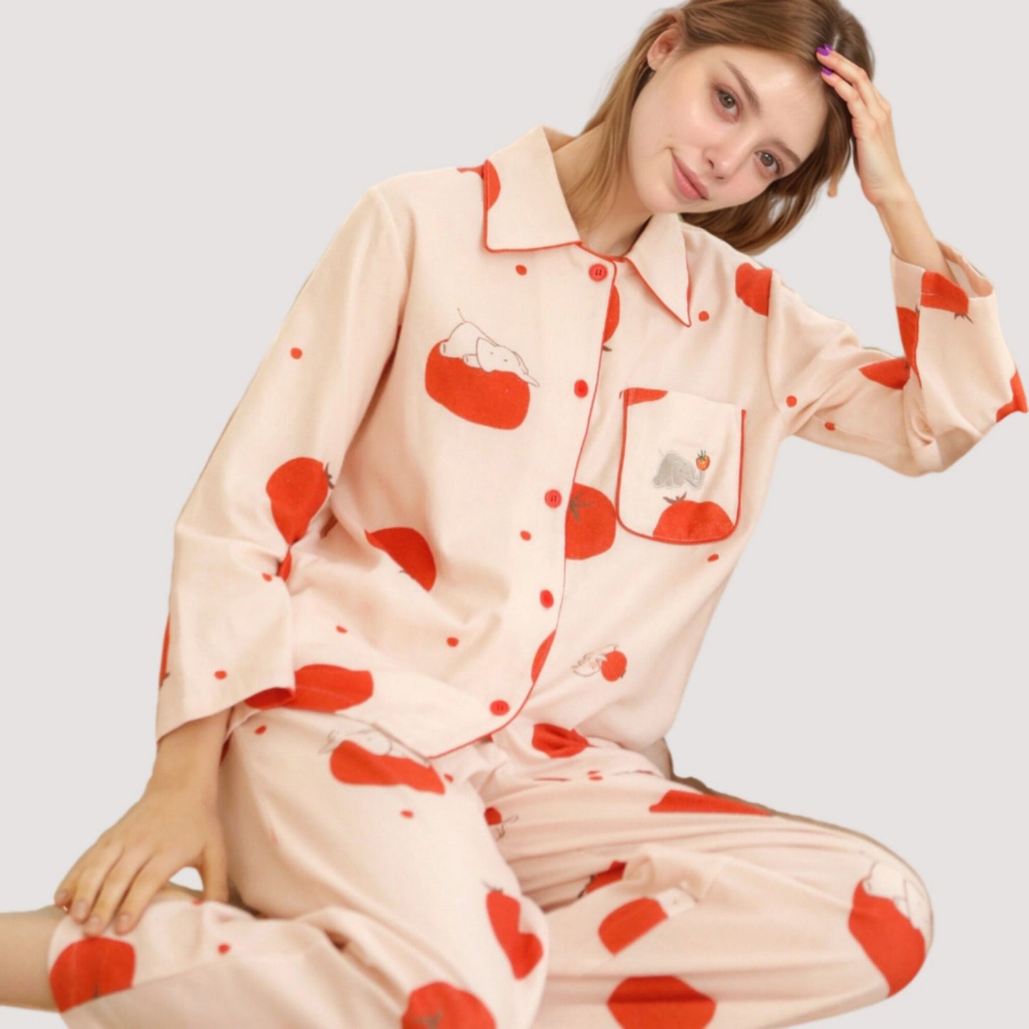 Woven Pajama Set with Playful Tomato Print and Relaxed Button-Up Fit for Everyday Lounging