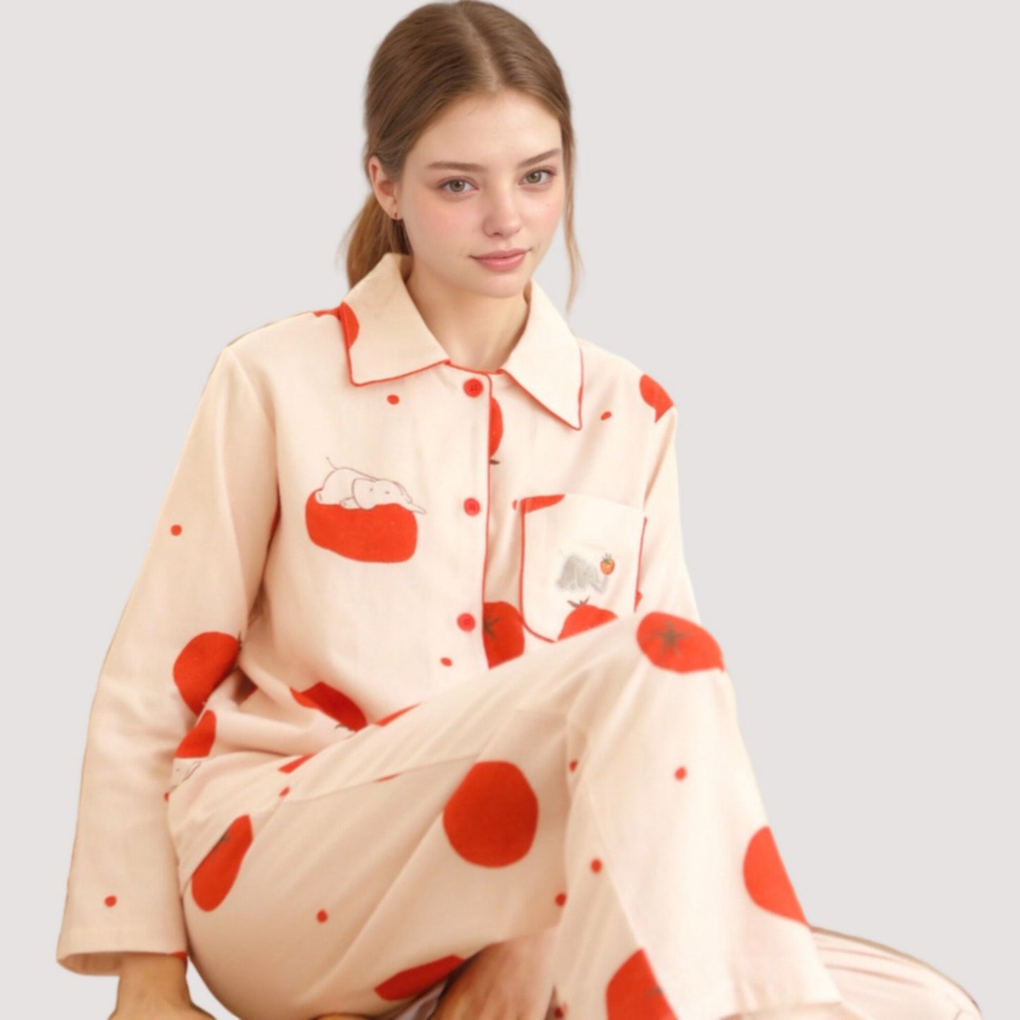 Woven Pajama Set with Playful Tomato Print and Relaxed Button-Up Fit for Everyday Lounging