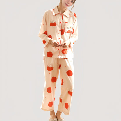 Woven Pajama Set with Playful Tomato Print and Relaxed Button-Up Fit for Everyday Lounging