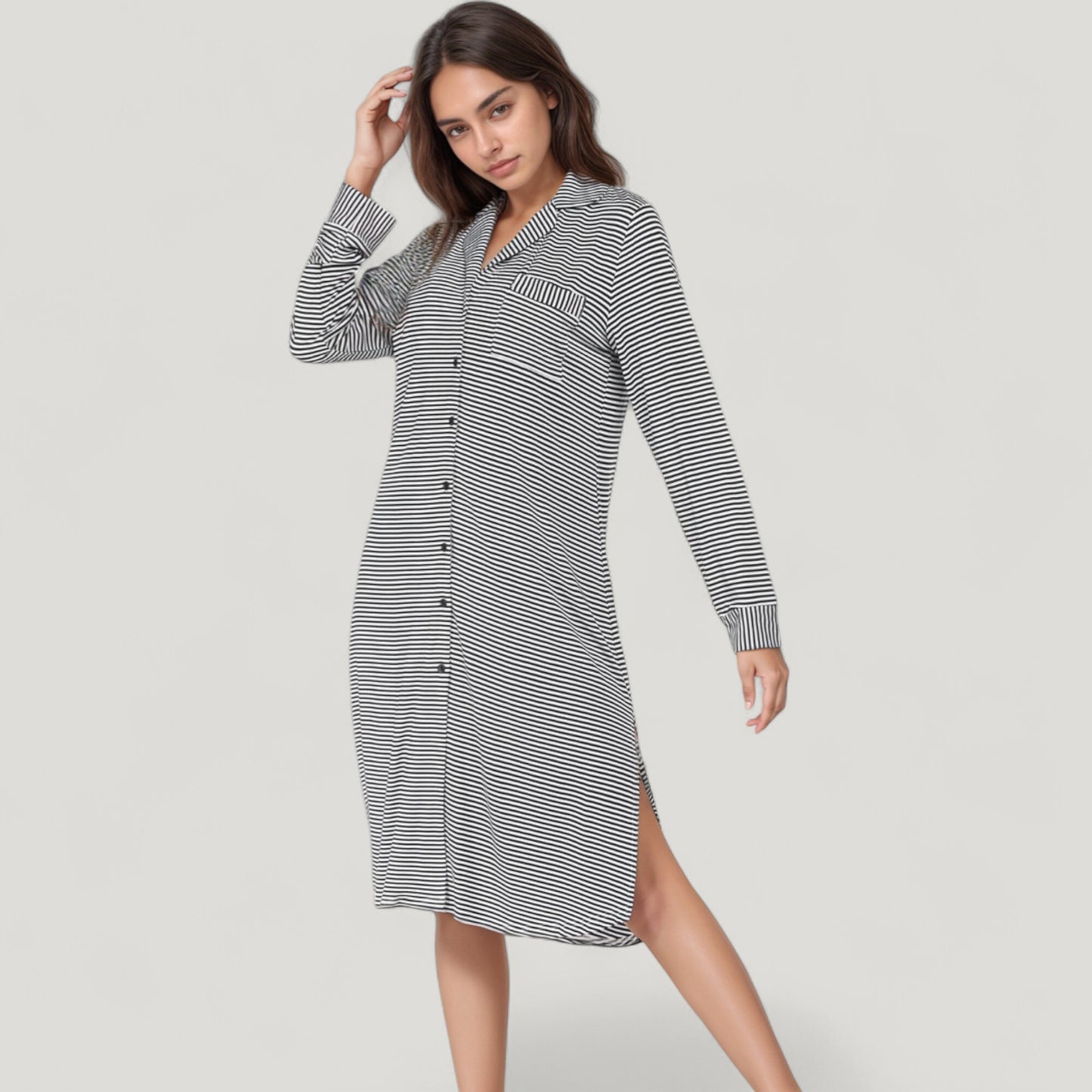 Woven Stripe Long Sleeve Button Down Sleep Shirt with Lapel Collar and Curved Hem