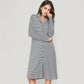 Woven Stripe Long Sleeve Button Down Sleep Shirt with Lapel Collar and Curved Hem