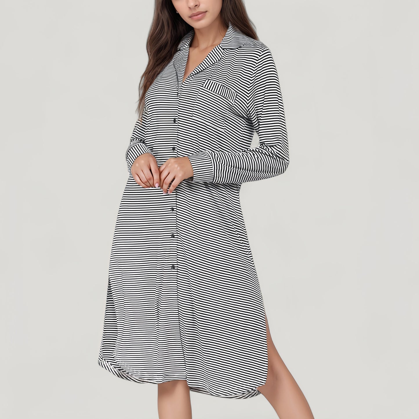 Woven Stripe Long Sleeve Button Down Sleep Shirt with Lapel Collar and Curved Hem