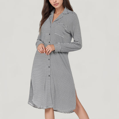 Woven Stripe Long Sleeve Button Down Sleep Shirt with Lapel Collar and Curved Hem