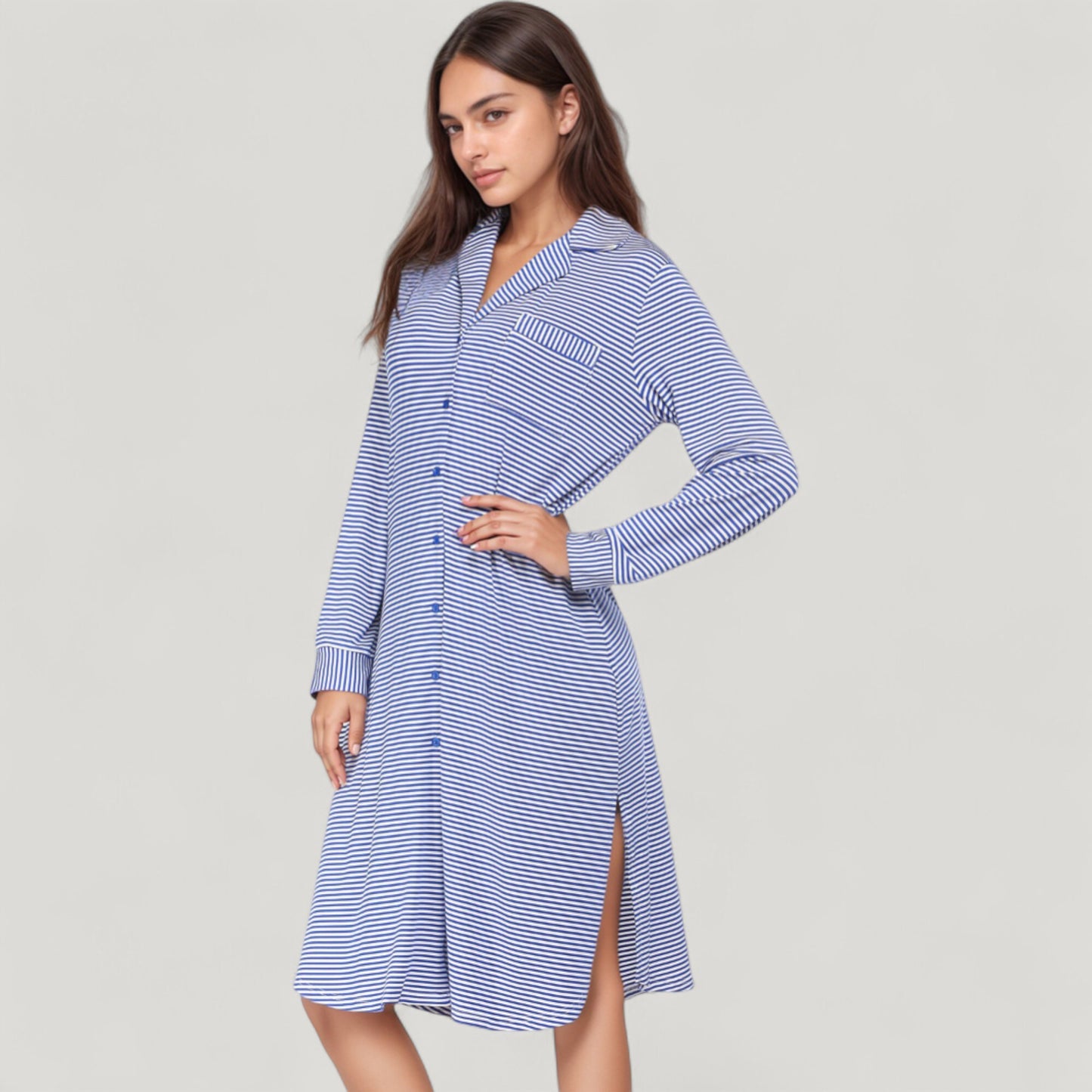 Woven Stripe Long Sleeve Button Down Sleep Shirt with Lapel Collar and Curved Hem